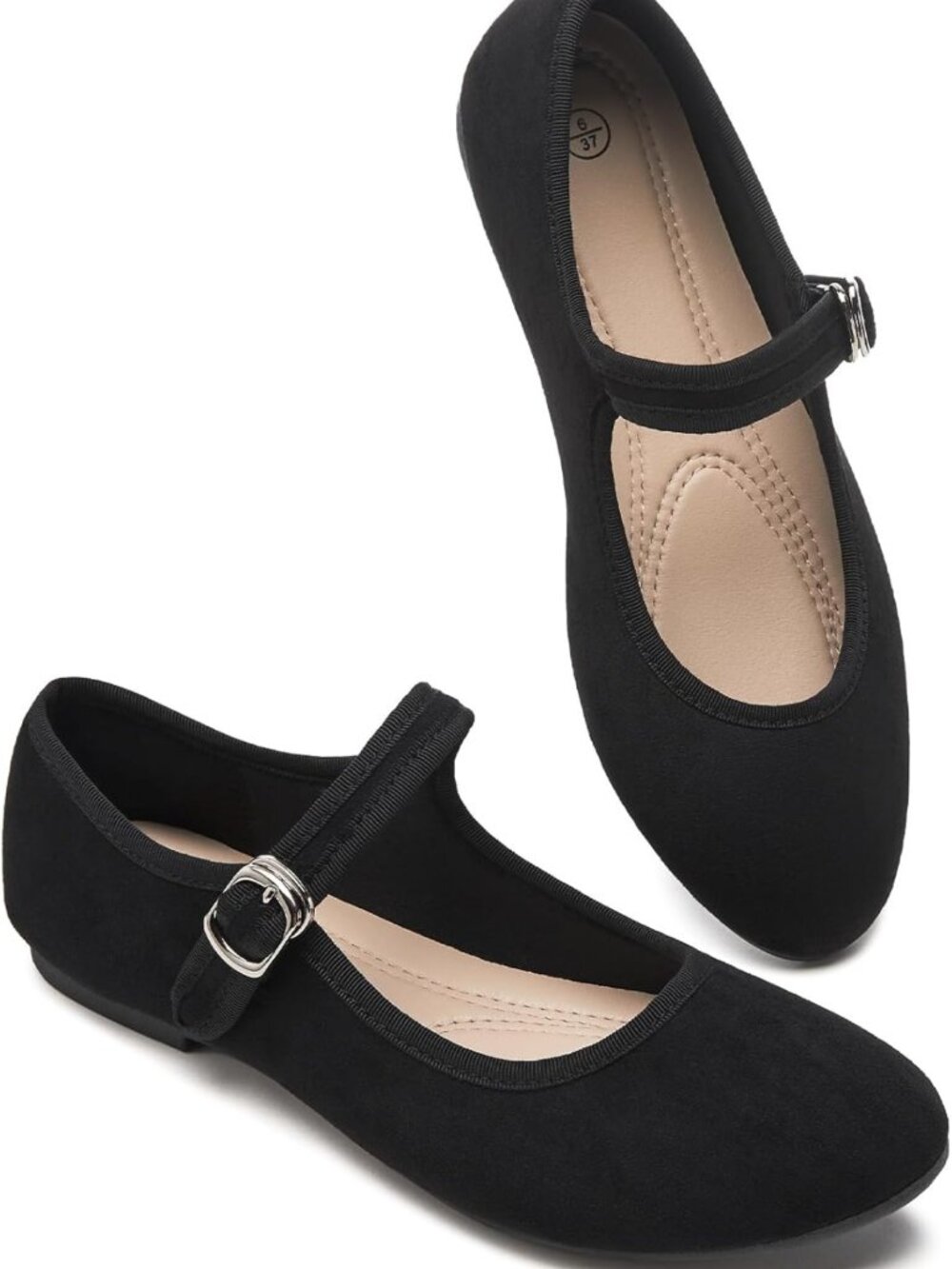 Stylish Women's Mary Jane Flats with Strap - Comfortable Faux Suede Black Shoes